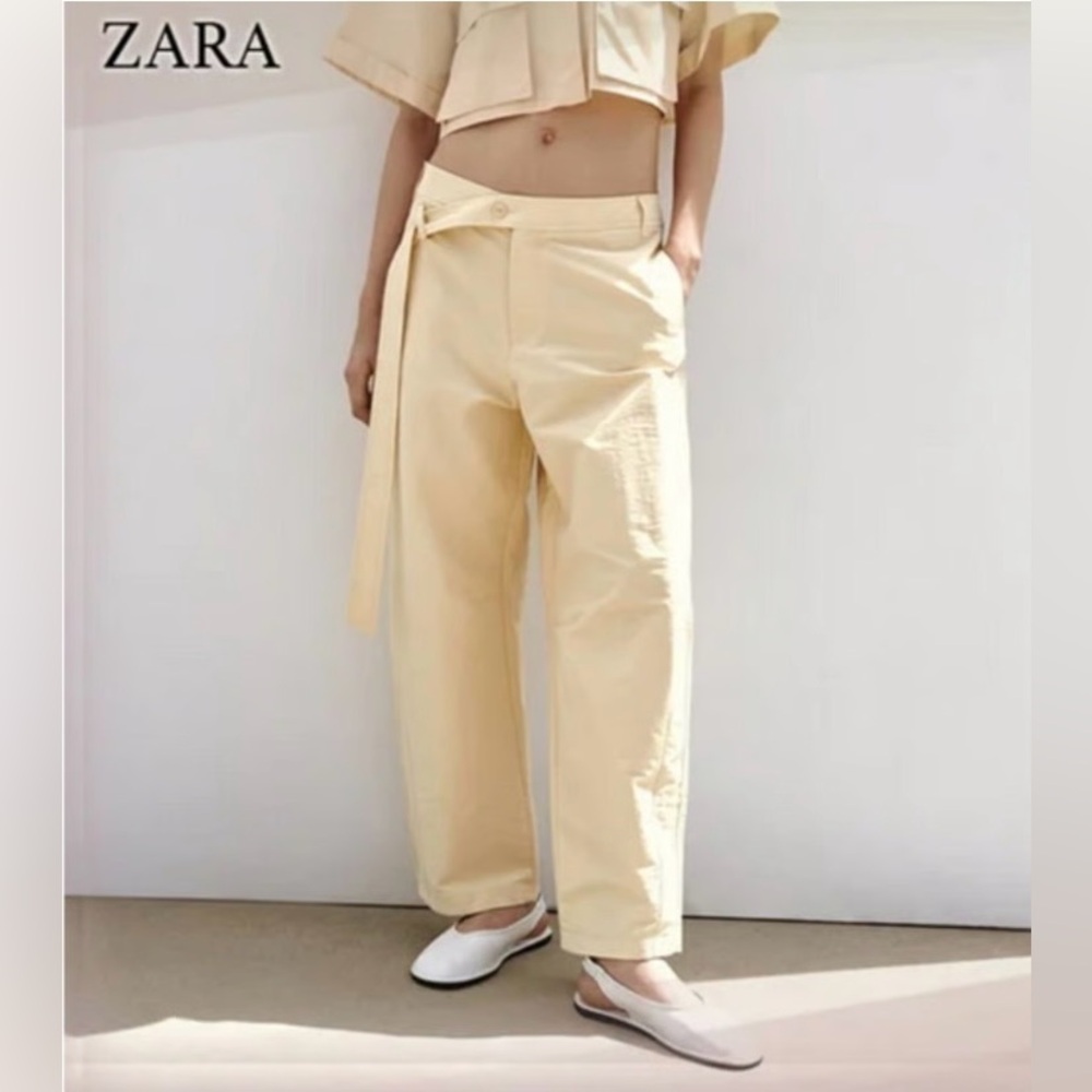 ZARA Butter Yellow Belted Barrel Pants, High Waist Trousers Size XS NWT